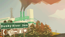 Road sign indicating Dusky River 3 km away with machinery and trees in the background.