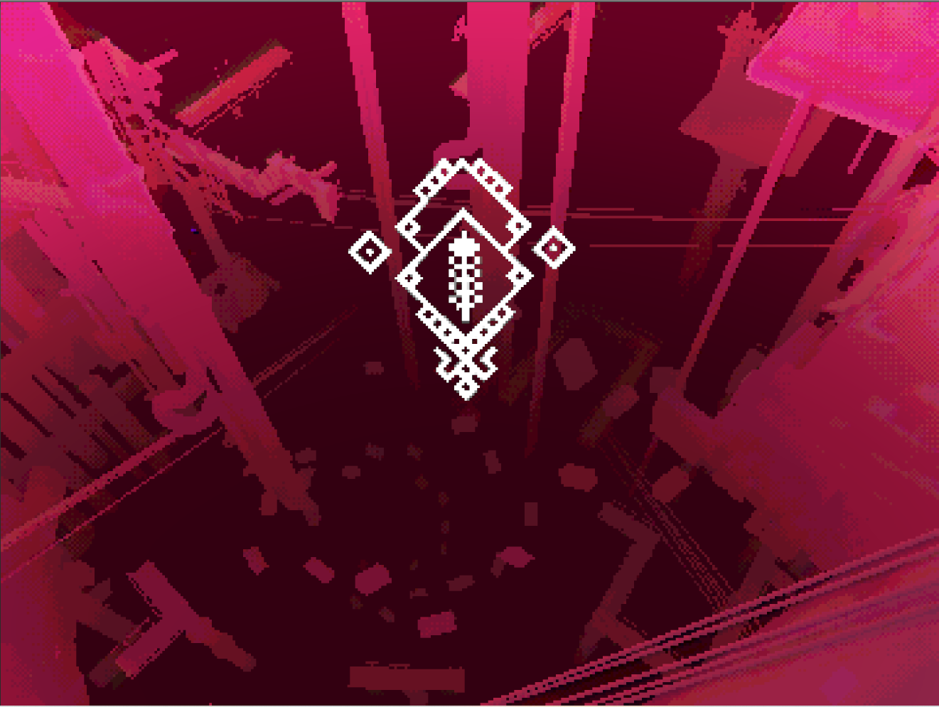 Abstract digital art with a central geometric pattern over a pixelated pink and dark background, reminiscent of a computer-generated design.