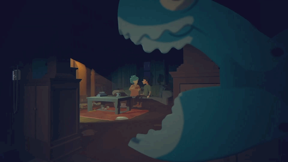 Animated scene of a man watching TV, with a cozy living room in the background showing two people sitting on a couch and talking.
