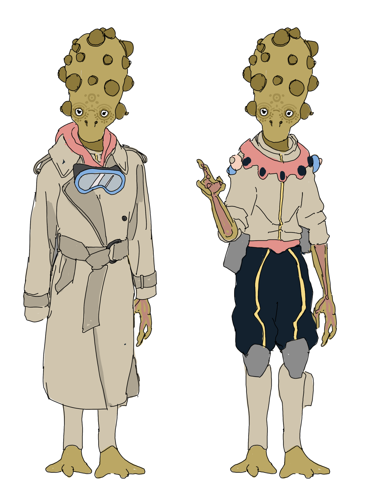 Illustration of two alien humanoid characters with lizard-like features, standing side by side. The character on the left is dressed in a beige trench coat, with a pink hoodie underneath, and has goggles hanging from their neck. The character on the right is wearing a light jacket with a frilly collar adorned with colorful pom-poms, dark shorts with yellow piping, gray knee pads, and is pointing with their right hand.