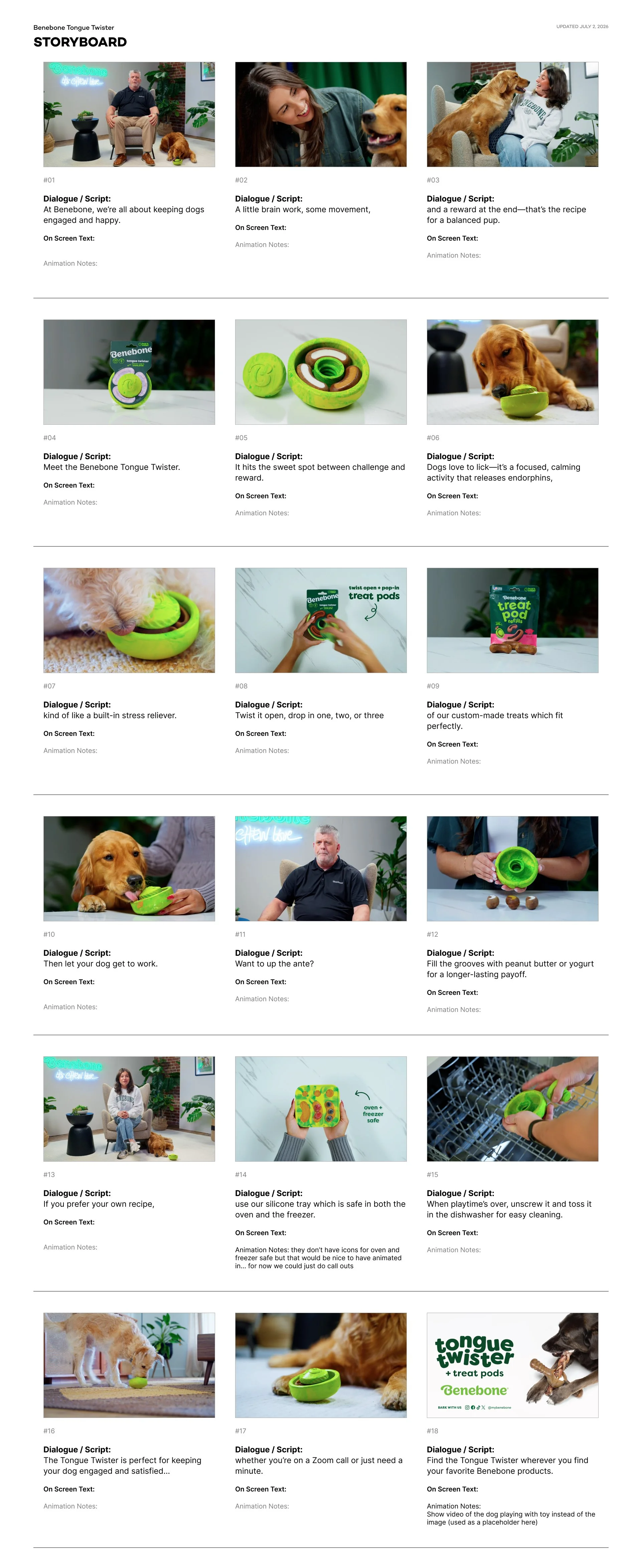 Storyboard for Benebone Tongue Twister dog toy marketing campaign, featuring people and dogs demonstrating the product, interactive play, and product packaging.
