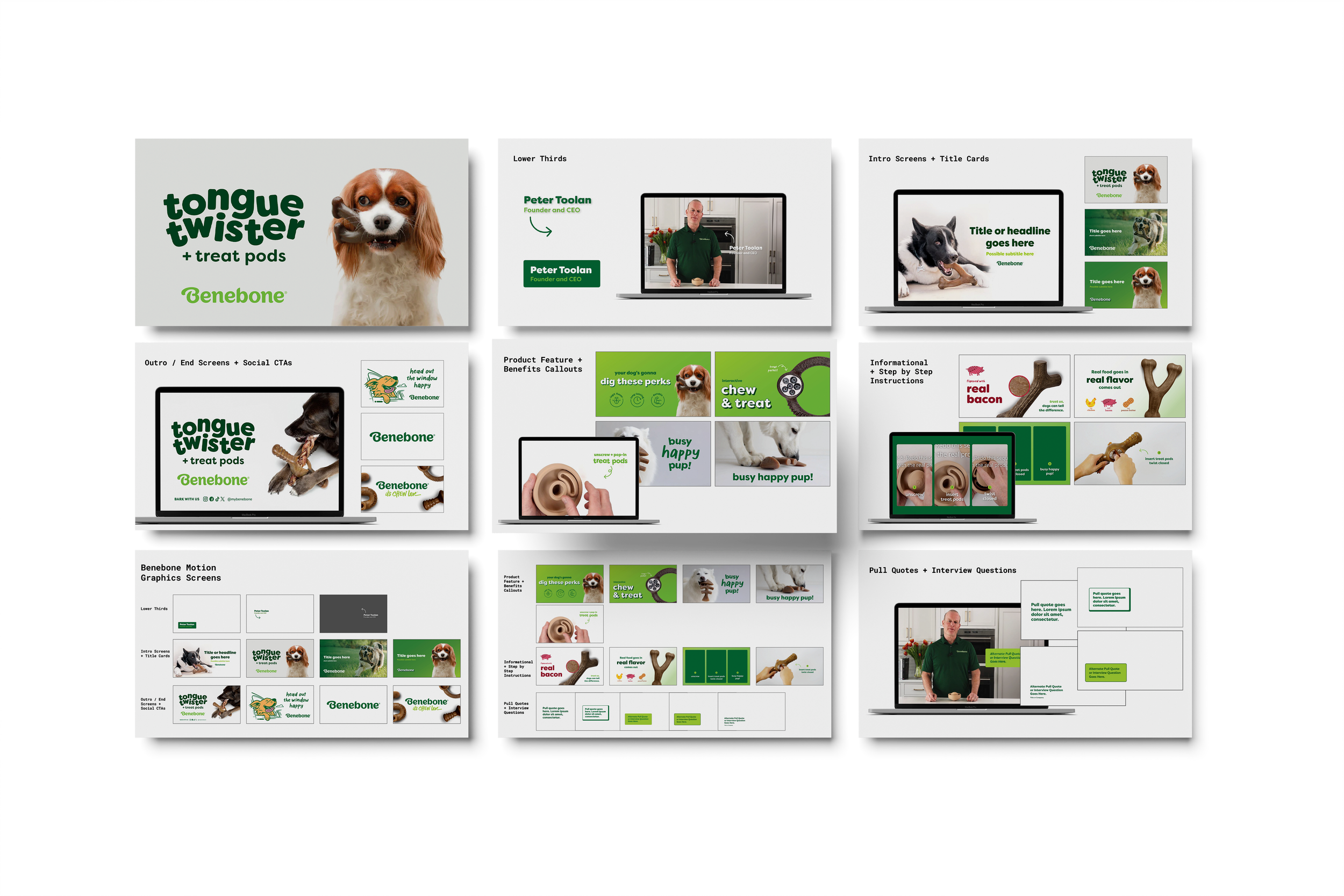 A PowerPoint presentation storyboard for 'Tongue Twister + treat pods' by Benebone, featuring slides with images of dogs, people, product features, and branding in green, white, and black.