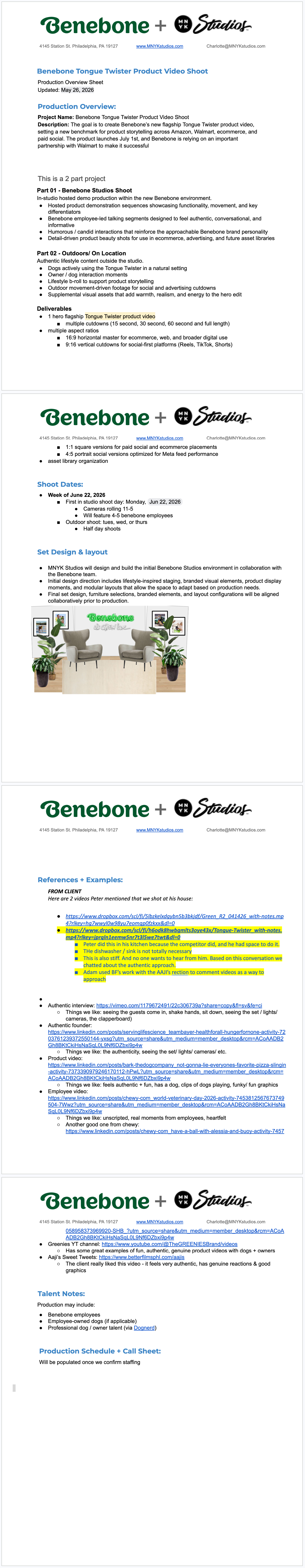 Benebone Studio product video shoot overview document, including shoot dates, client references, talent notes, and schedule details, with a small image of a cozy interior space featuring two armchairs, a table with decorative plants, and a striped pillow.