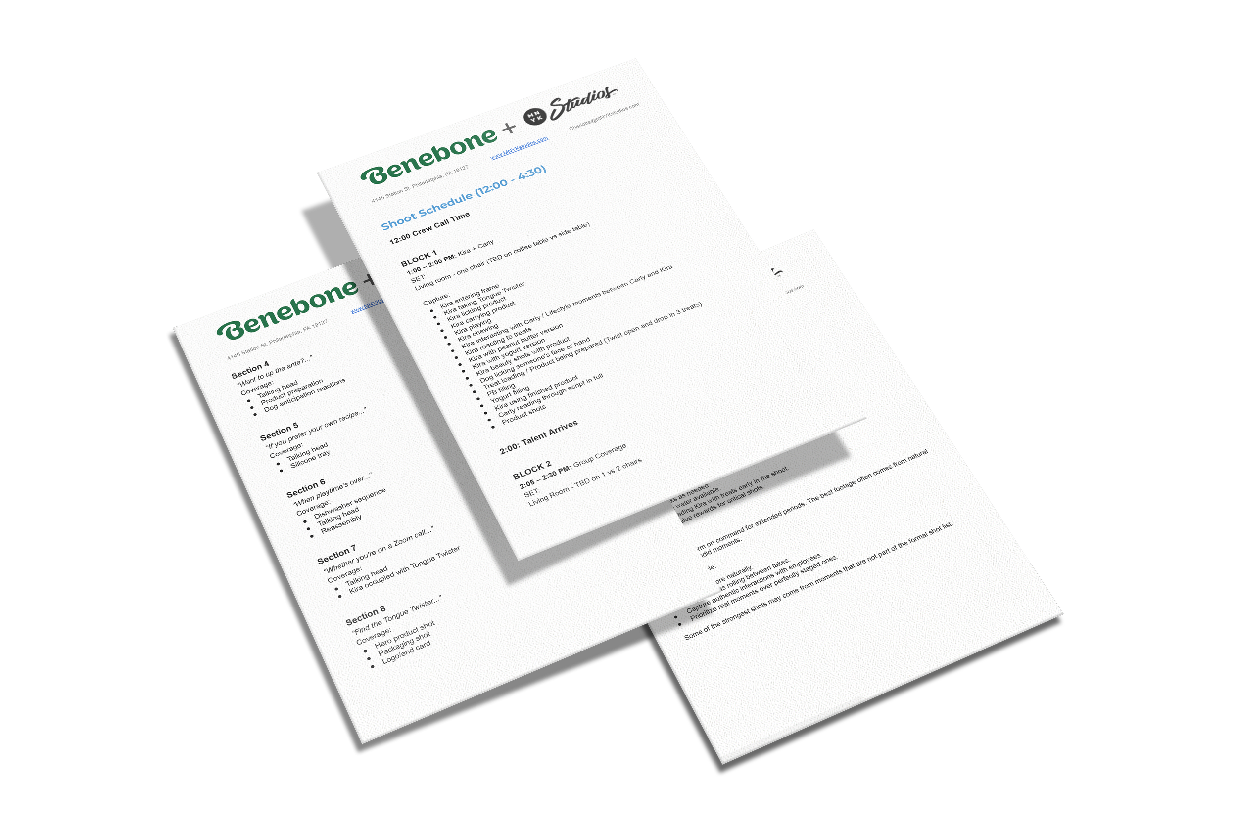 Two printed scripts or schedules on white paper with green and black text, partially overlapping, on a black background.