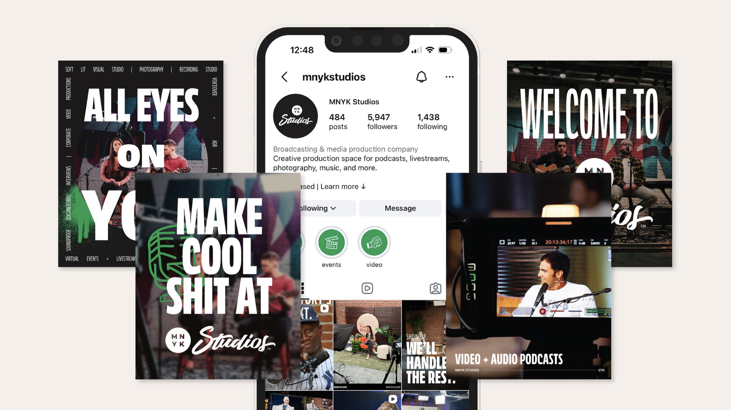 Collage of various media production and creative studio images, including social media profile, promotional posters, and behind-the-scenes of podcasting and video recording.
