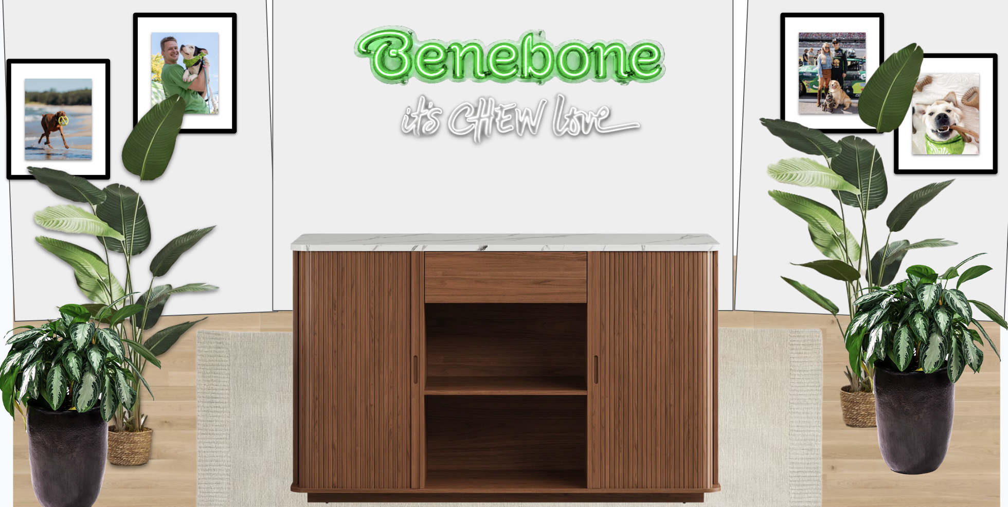 Interior with a wooden cabinet, potted plants, and framed photos of dogs on the wall with a neon sign that reads 'Benebone, it's CHOW love'.