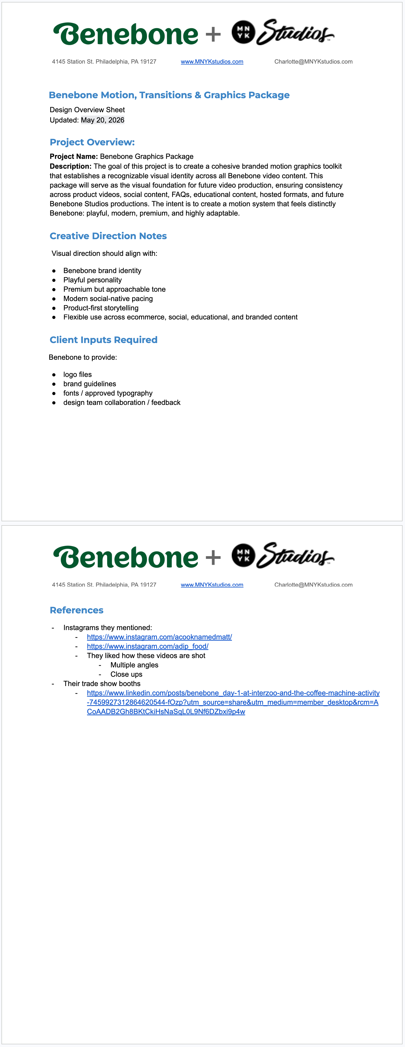 Document header with logos for Benebone and MNYK Studios, along with address and website link. The document is a design overview sheet for Benebone Motion, Transitions & Graphics Package, dated May 20, 2026, containing project overview, creative direction notes, client inputs, and references.