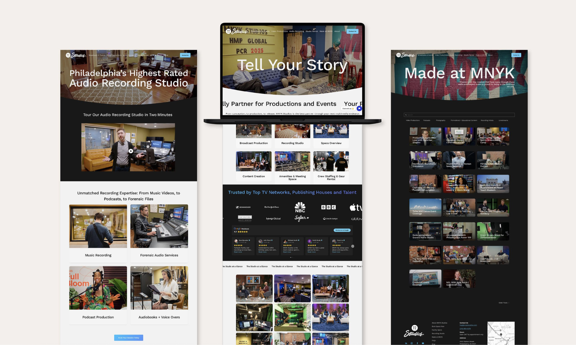 Collage of three web pages showcasing audio recording studio services, including studio tour, story sharing, and production services, with images of studio equipment, rooms, and staff.