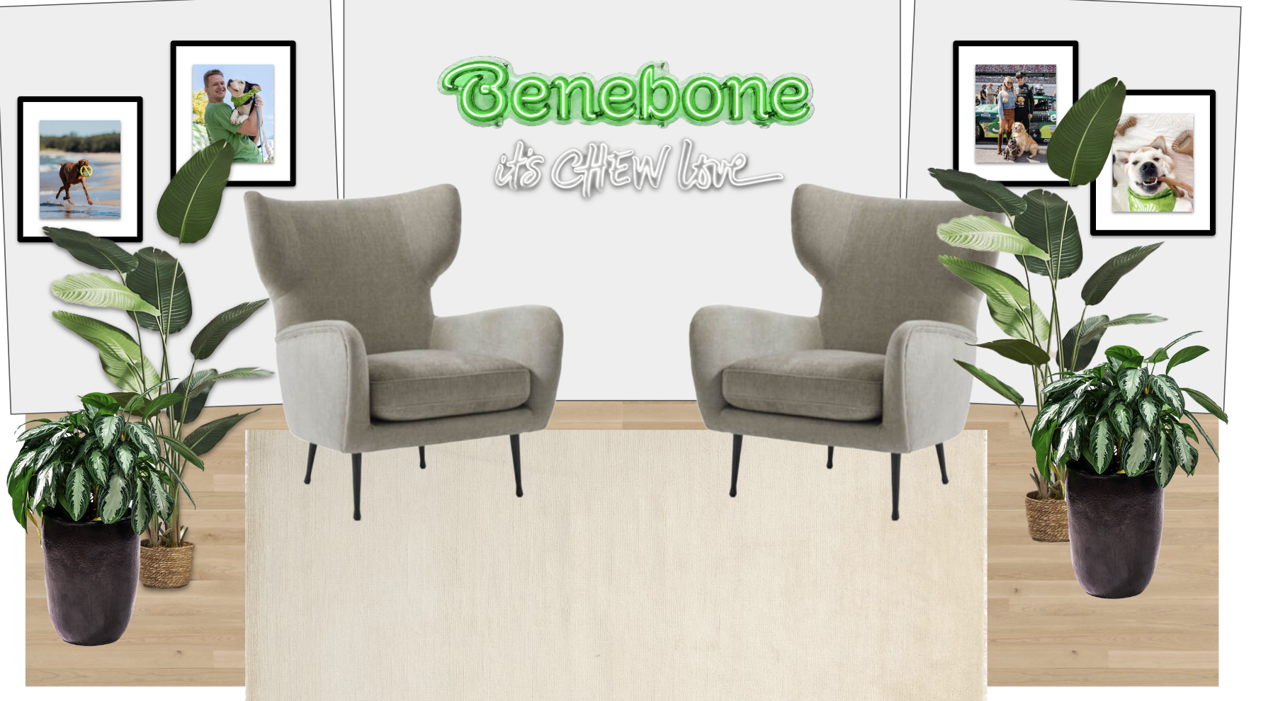 A cozy living room setup with two beige armchairs facing each other, placed on a light-colored area rug on wooden flooring. Two large potted plants with lush green leaves flank the chairs. The back wall features a neon sign reading 'Terebone' in green and white, with the tagline 'it's CHEW love' underneath. The wall is decorated with framed photos of dogs and people in casual settings.