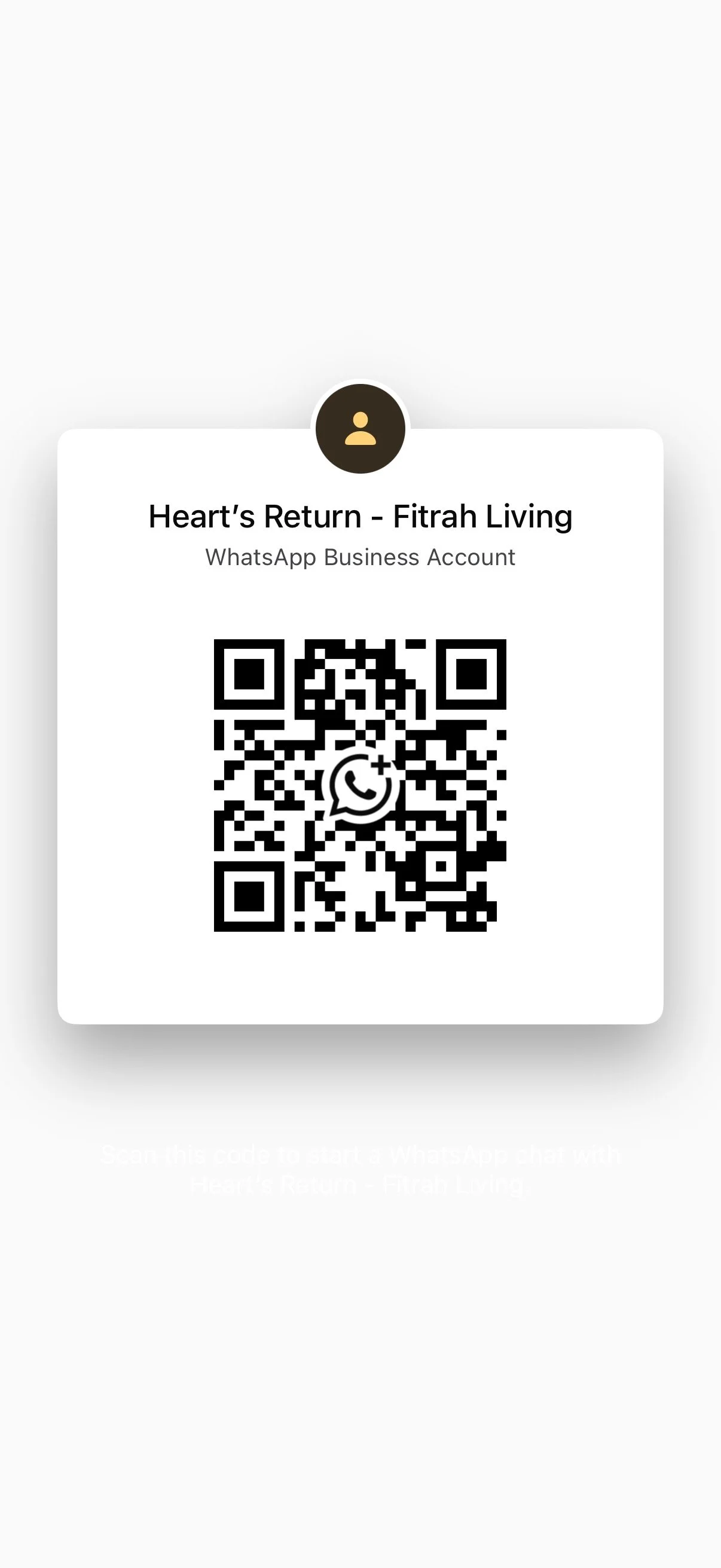 A digital business card for Heart's Return - Fitrah Living, including a QR code and WhatsApp contact info.