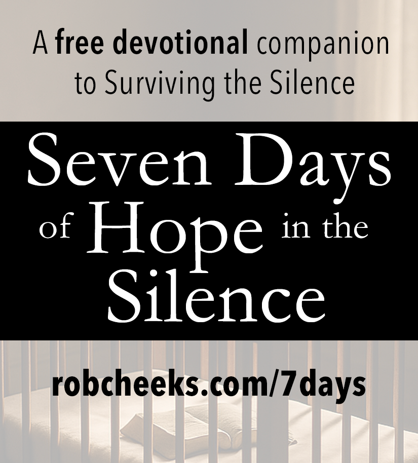Booklet with the title "Seven Days of Hope in the Silence" advertising a free devotional companion at robcheeks.com/7days, placed in front of a peaceful crib with a small pillow and blanket.