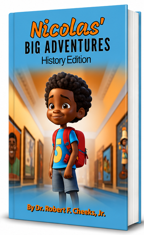 Children's book titled "Nicolas' Big Adventures: History Edition" featuring a young boy with curly hair wearing a blue T-shirt with a yellow number 5, carrying a red backpack, standing in an art museum.