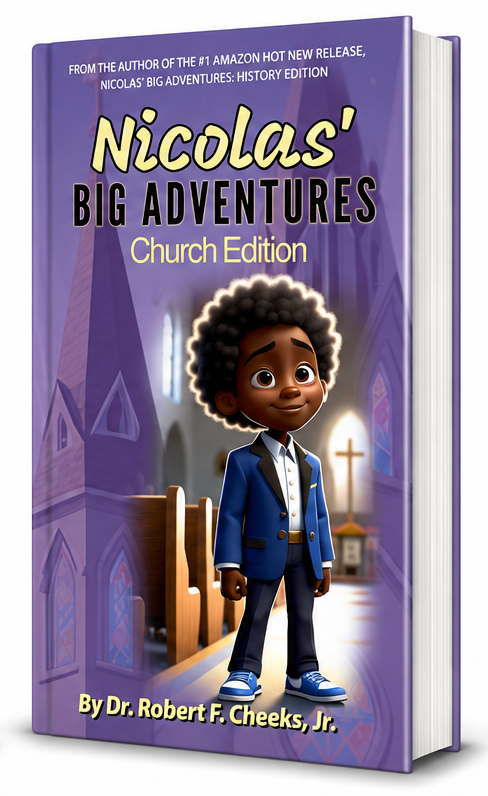 Book cover of 'Nicolas's Big Adventures: Church Edition' featuring a cartoon of a young boy with curly hair wearing a blue suit inside a church with stained glass windows and a cross in the background.