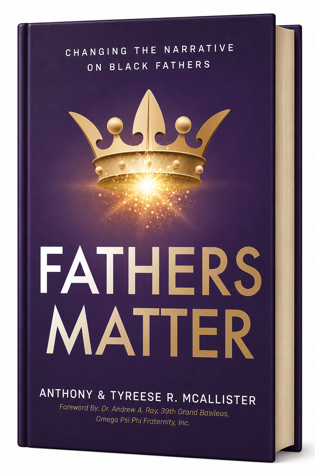 Book titled 'Fathers Matter' with a gold crown and sparkles on a purple cover.