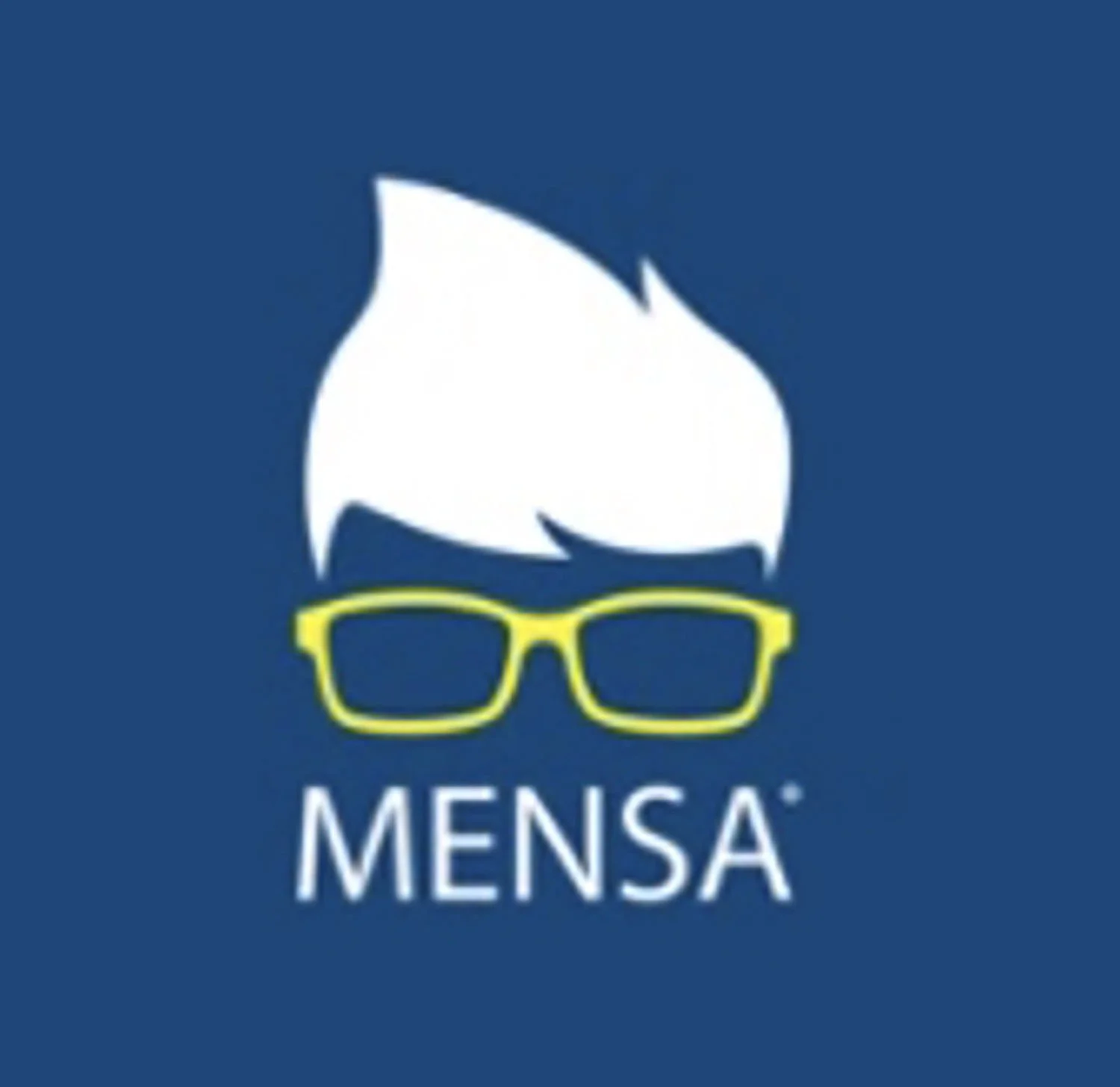 A logo with a whale fin, yellow glasses, and the text 'MENSA' below on a blue background.