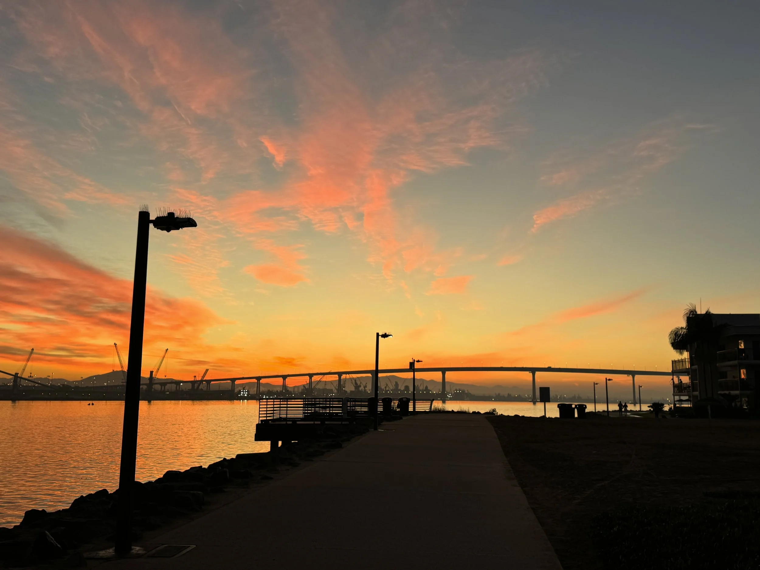 Sunset over the river with pink and orange clouds, silhouetted lamp posts, and a bridge in the background.