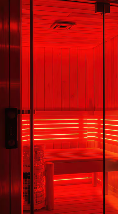 Inside a red-colored infrared sauna with wooden walls and bench, glass door, and infrared heating panels.