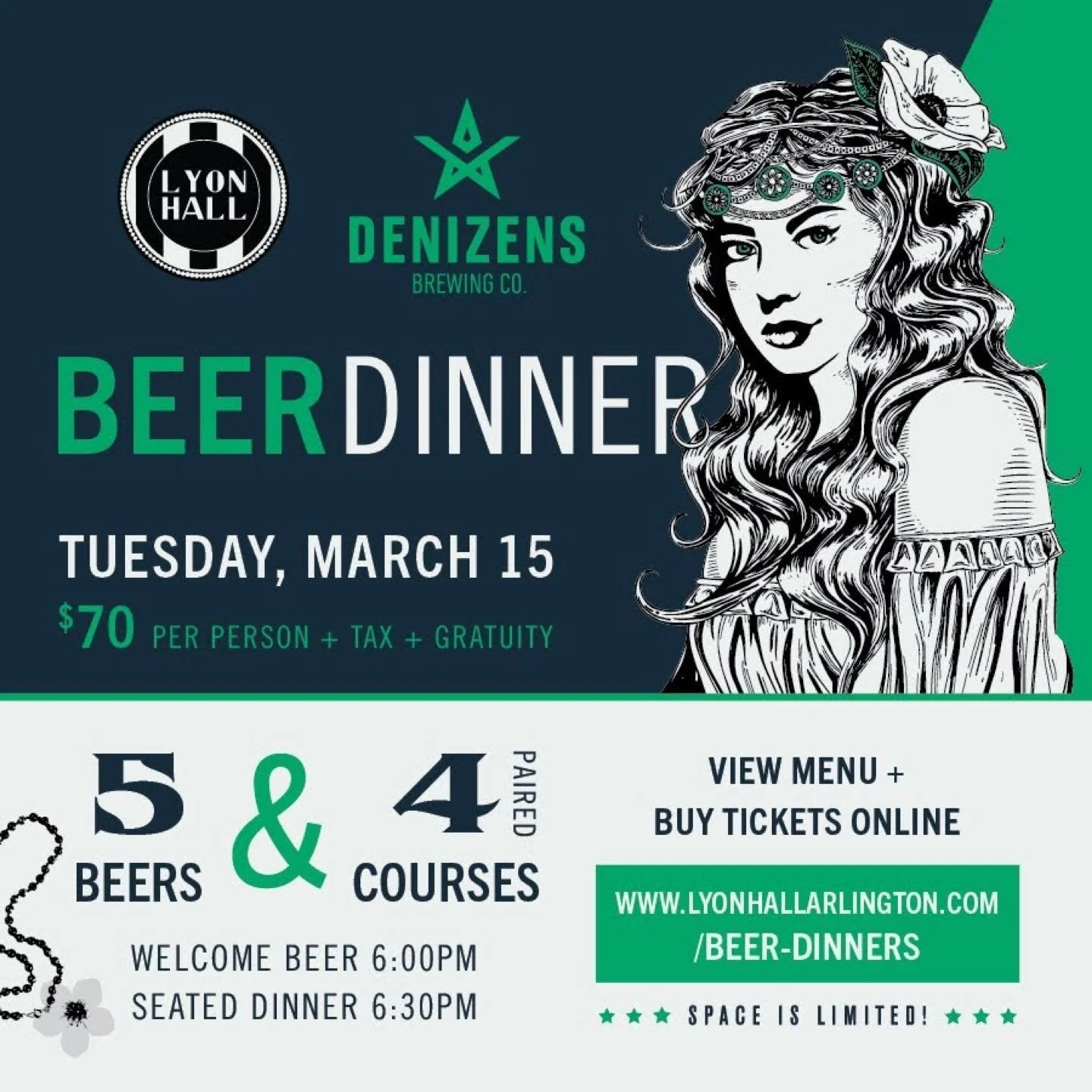 cheers to the return of Beer Dinners to Lyon Hall! 🍻
Excited to have one more series of regular events in the monthly design queue ✍️ 
This was the poster design for last week&rsquo;s sold out Denizen Beer Dinner, featuring one of their lovely chara