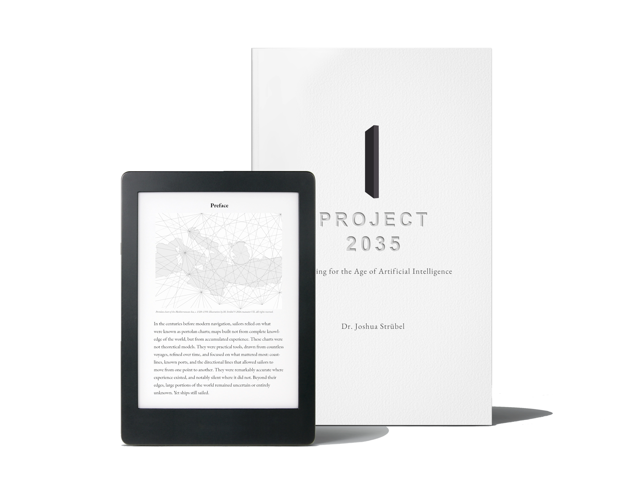 An e-reader displaying an interior page and a paperback book titled 'Project 2035: Preparing for the Age of Artificial Intelligence' by Dr. Joshua Strubel, with a white cover and a gray spine, standing upright side-by-side.