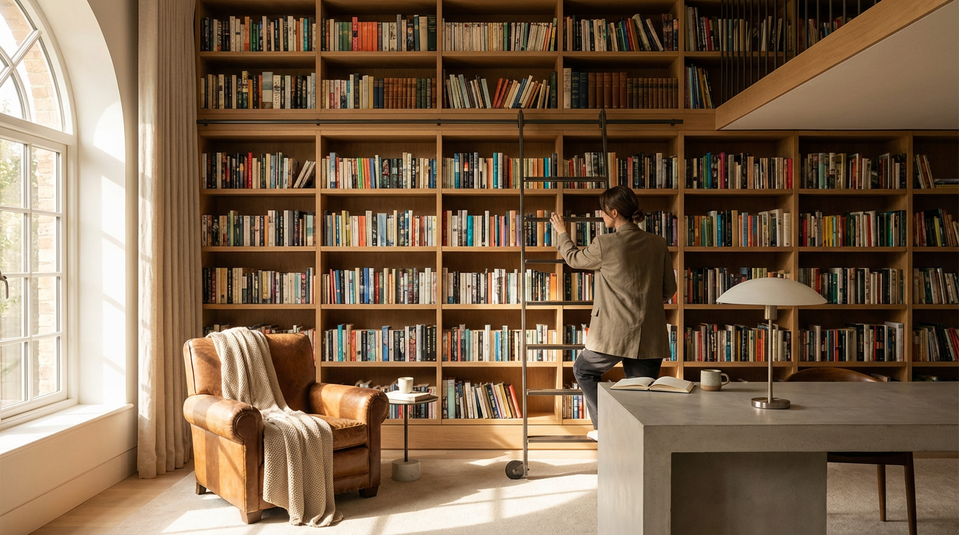 A woman is standing on a ladder, reaching for a book on a tall wooden bookshelf filled with books in a cozy room with large window, armchair with blanket, lamps, and a table with cups and opened book.
