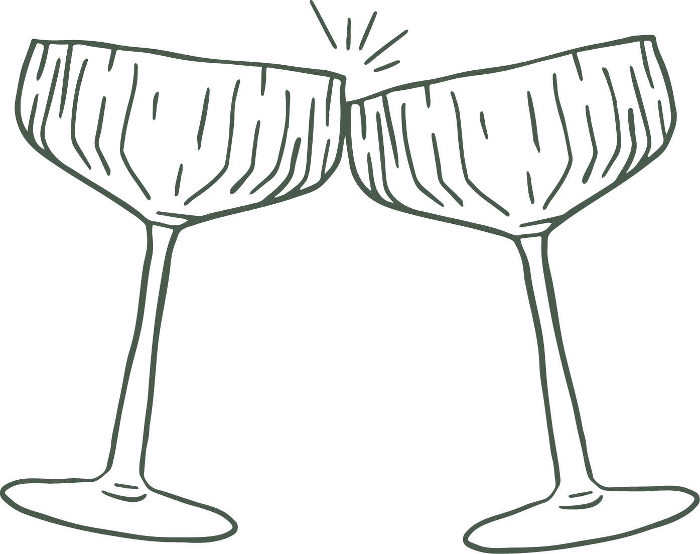 Line drawing of two cocktail glasses with straws and ice cubes.