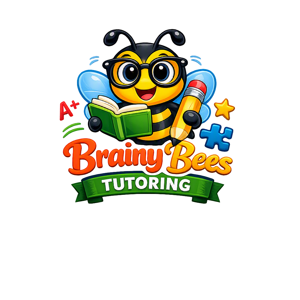 Colorful cartoon bee character with glasses holding a green book and yellow pencil, surrounded by stars and puzzle pieces, with text 'Brainy Bees Tutoring'