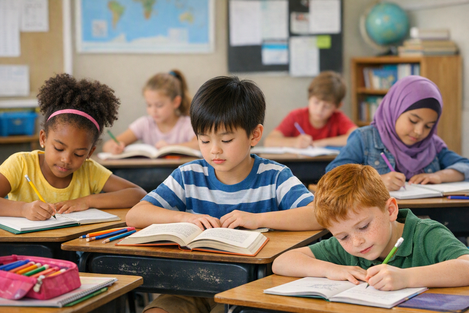 A classroom with students sitting at desks, reading and writing in notebooks, with a world map and bookshelf in the background.