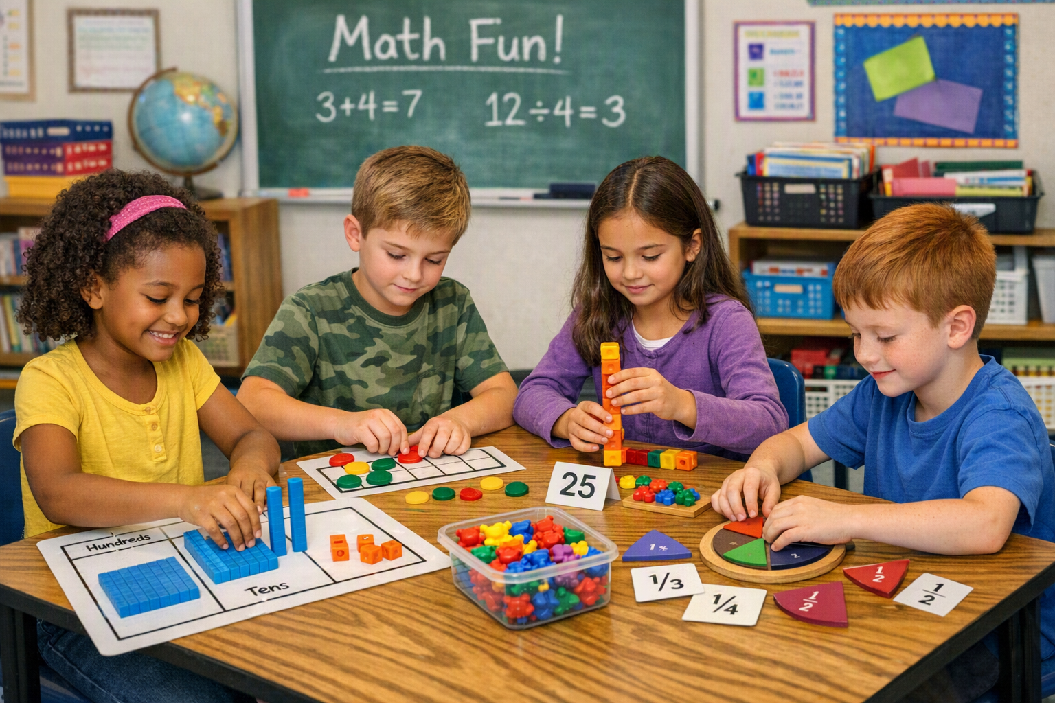 Four children sitting at a table in a classroom playing with math teaching tools such as counters, pie chart pieces, and number cards, with a chalkboard behind them that reads 'Math Fun!' and displays simple math equations.
