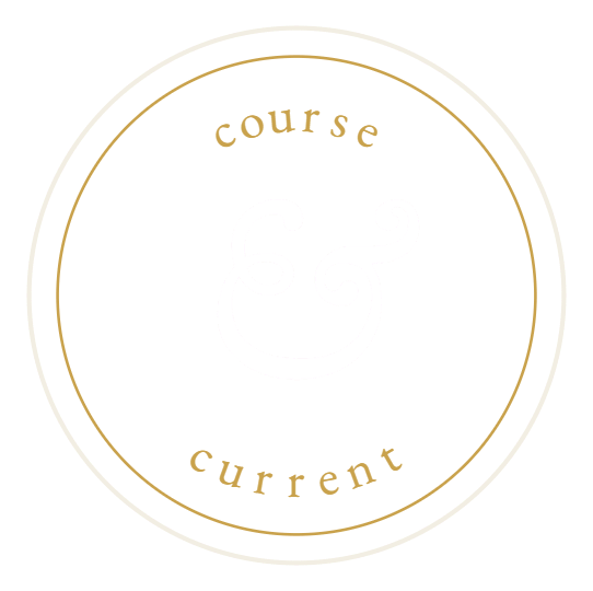 A circular logo with a black background, featuring the words 'course' and 'current' in gold text, and a stylized white ampersand in the center.