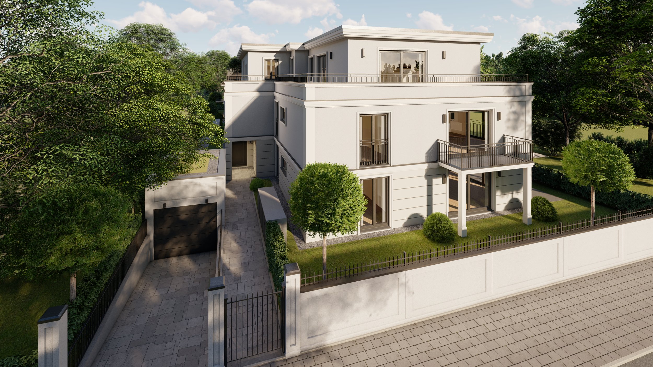 A modern white multi-story house with large glass sliding doors, balconies, and surrounded by green trees and a white fence, with a paved walkway in front.