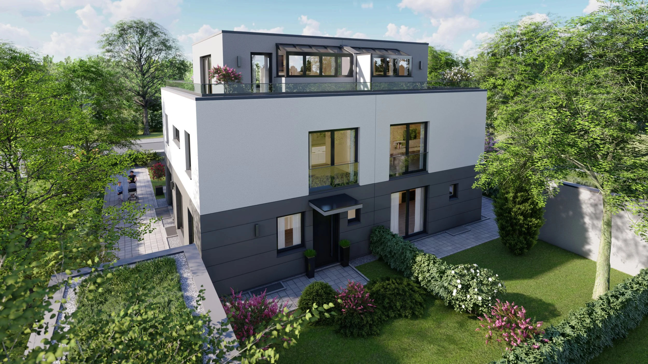 A modern, multi-story residential building surrounded by lush green trees and landscaped gardens, with a patio area and outdoor seating.