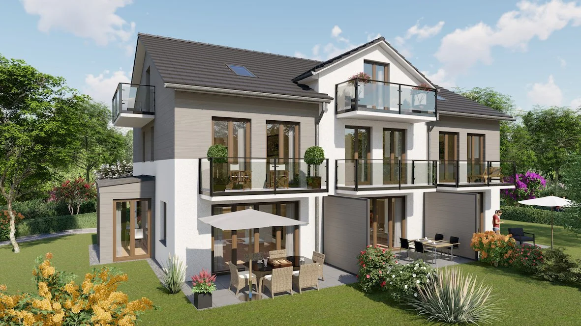 A modern multi-story house with balconies, large glass doors, and a spacious backyard with outdoor furniture and greenery.