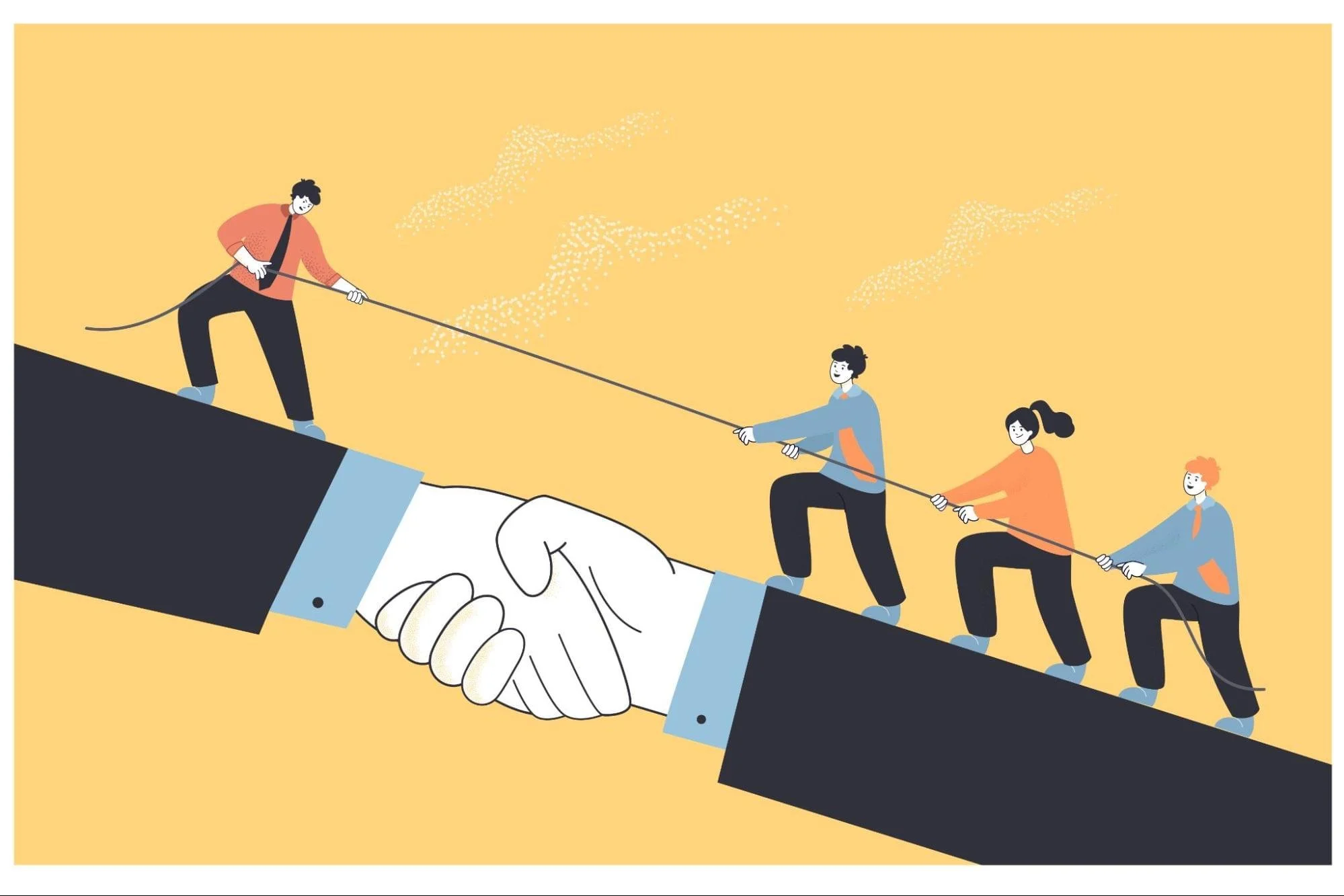 Illustration of people working together to pull a handshake out of a giant hand, symbolizing teamwork and collaboration.