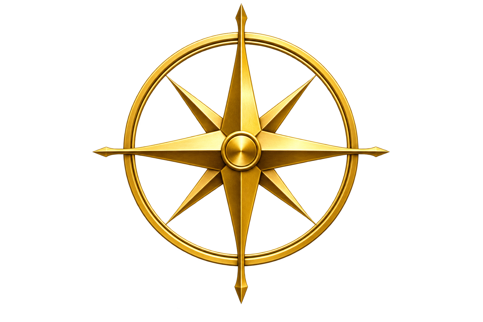 A golden compass rose with a circular border and eight pointed directions, on a black background