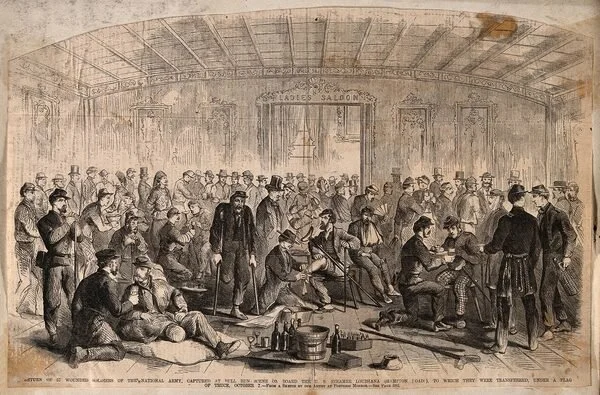 Historical black-and-white drawing of a large group of men inside a building labeled 'Courtes Saldon', some sitting and some standing, with various objects on the floor such as bottles and buckets, depicting a scene of soldiers or workers during the 19th century.