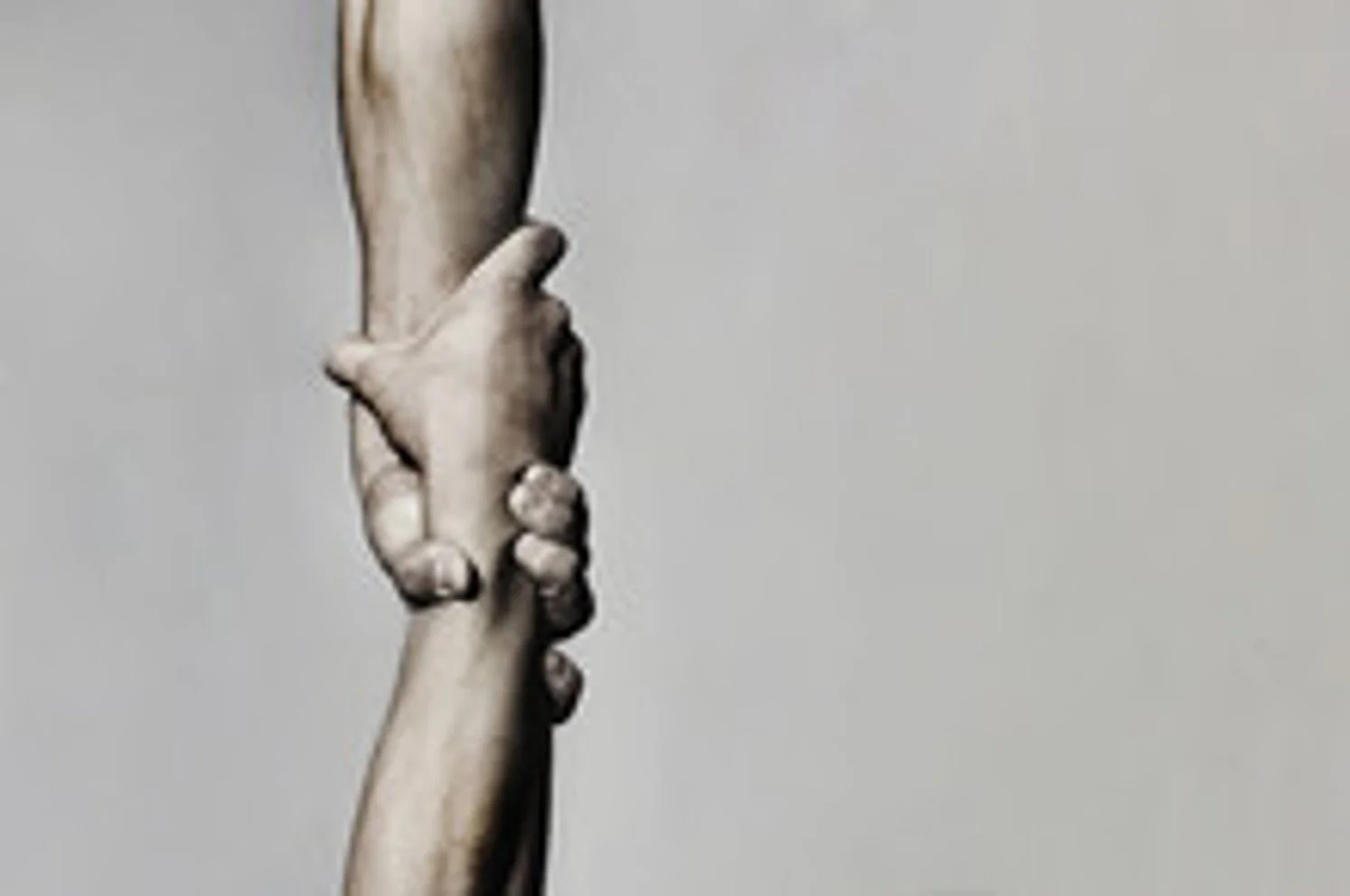 A sketch of a person clutching a vertical pole with both hands, set against a plain background.