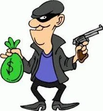 Cartoon thief holding a bag of money and a gun