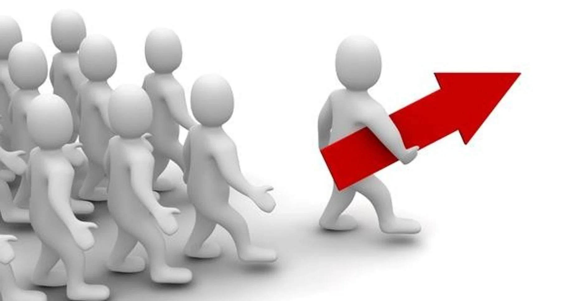 Gray 3D humanoid figures in a line, with one figure in front holding a red upward arrow, symbolizing progress or growth.