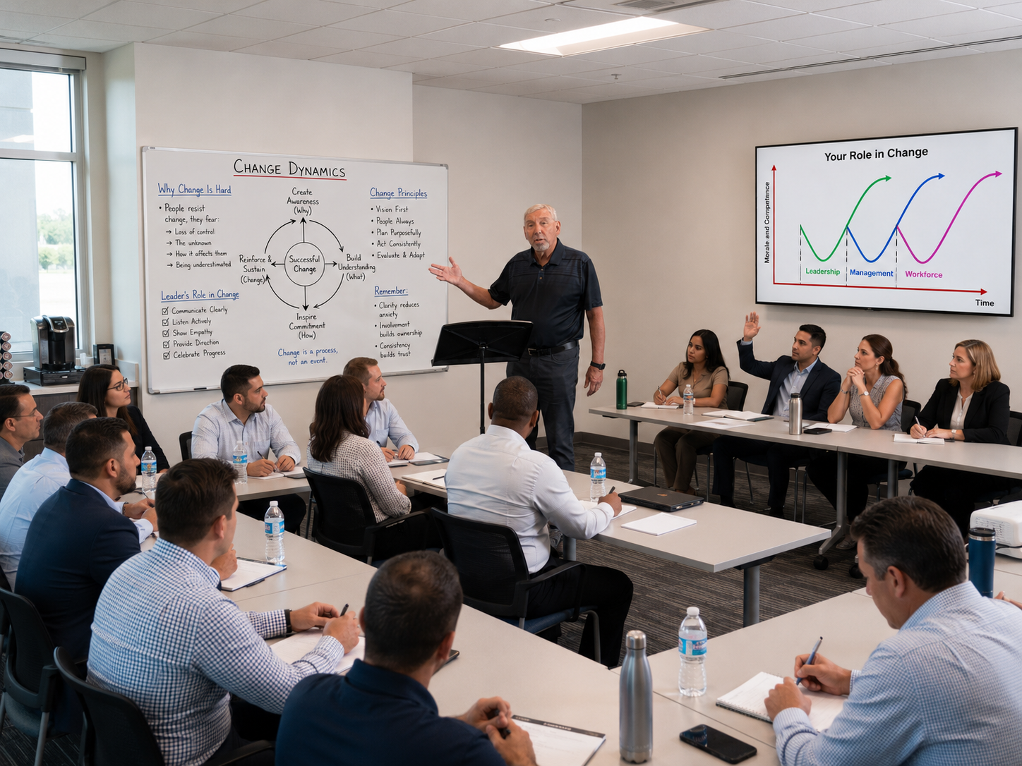 A professional man giving a presentation to a group of business people in a conference room. The whiteboard behind him has notes on change management, and a large screen displays a graph about leadership, management, and workforce roles.