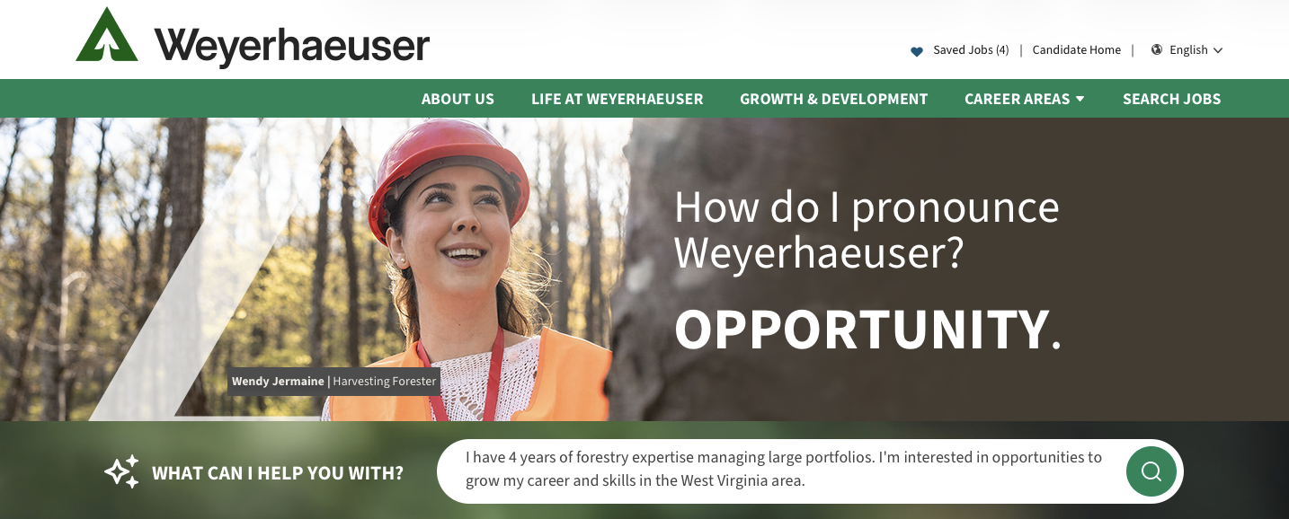 Hero image header showing smiling female employee with hard hat in the woods