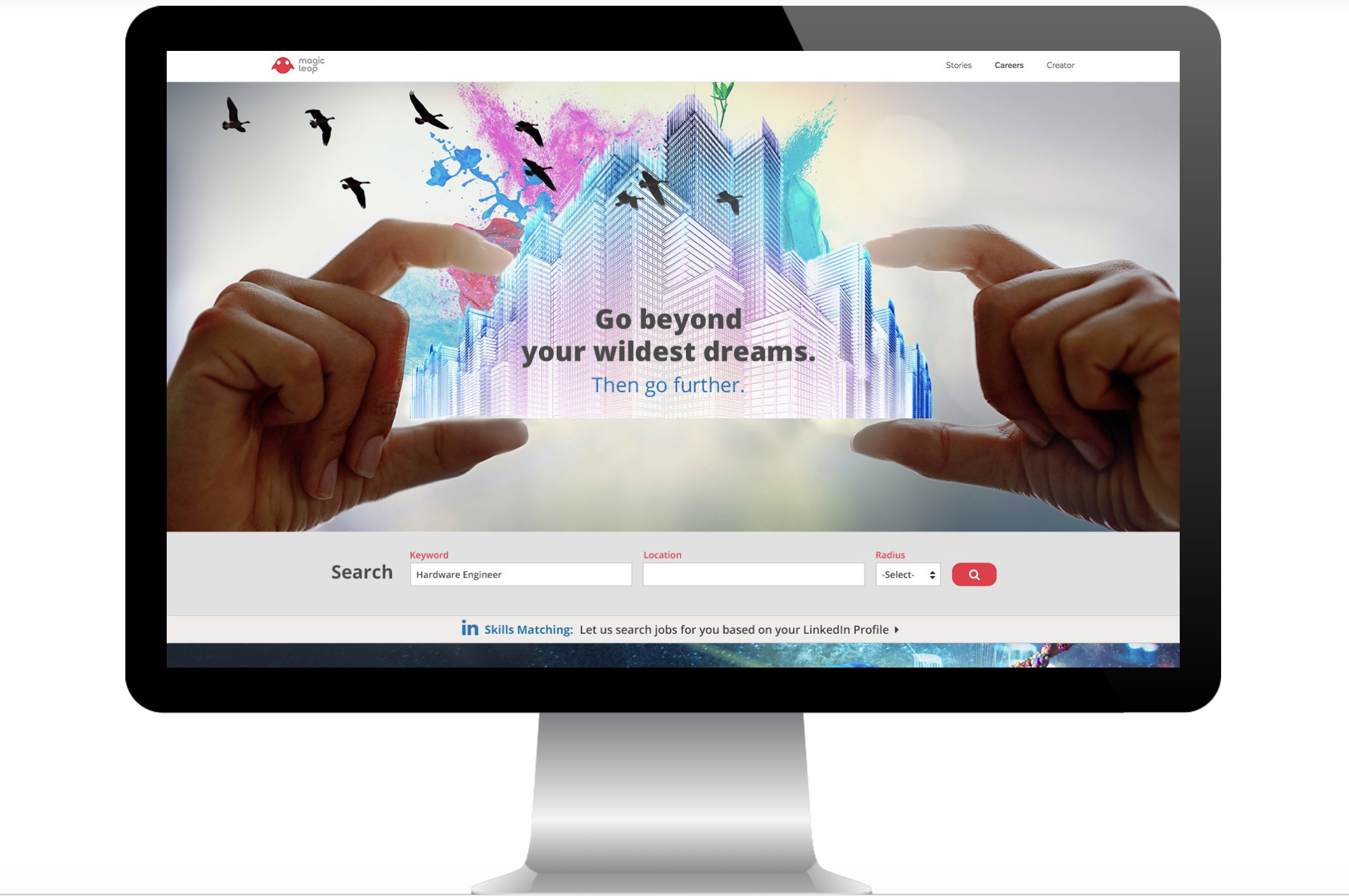 Desktop monitor showing a Magic Leap content page image with virtual world