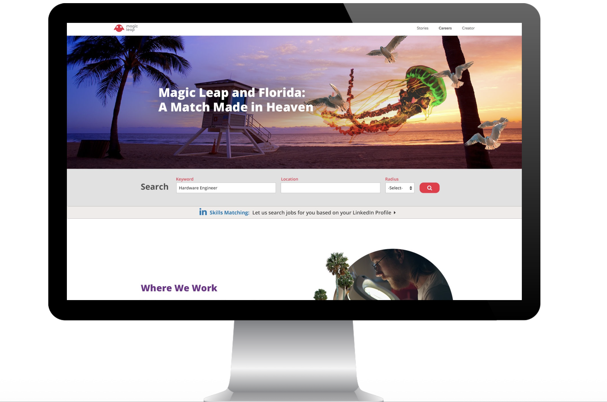 desktop monitor showing Magic Leap Florida location page