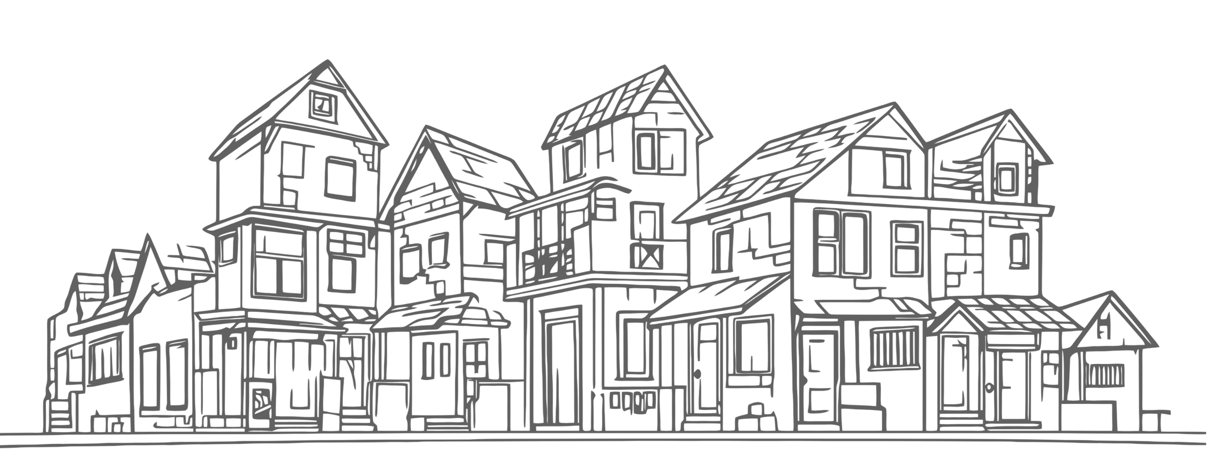 Line drawing of a row of multi-story houses with pointed roofs and varied window styles.