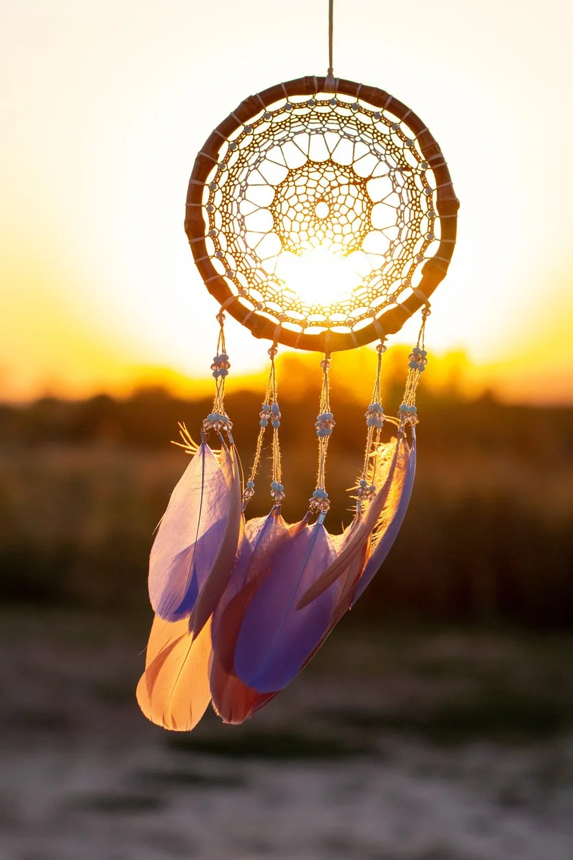 A close-up of a dreamcatcher with feathers hanging from it, silhouetted against a sunset sky.