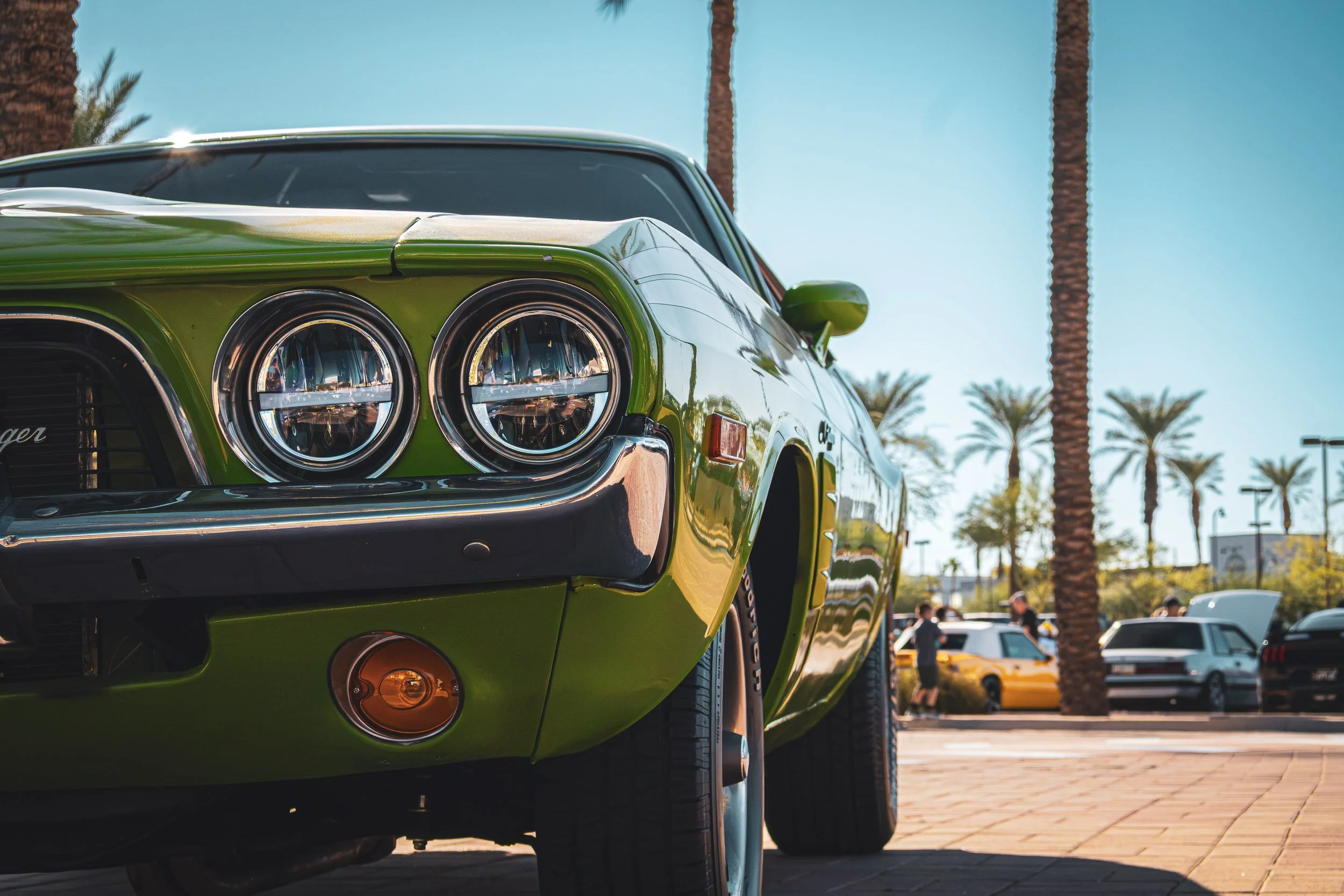 Low-angle automotive photography focusing on the classic dual headlights, chrome bumper, and green paint of a vintage Dodge Challenger at a sunny car meet lined with palm trees in Mesa, Arizona, captured by Curtis for Gasoline and Dopamine.