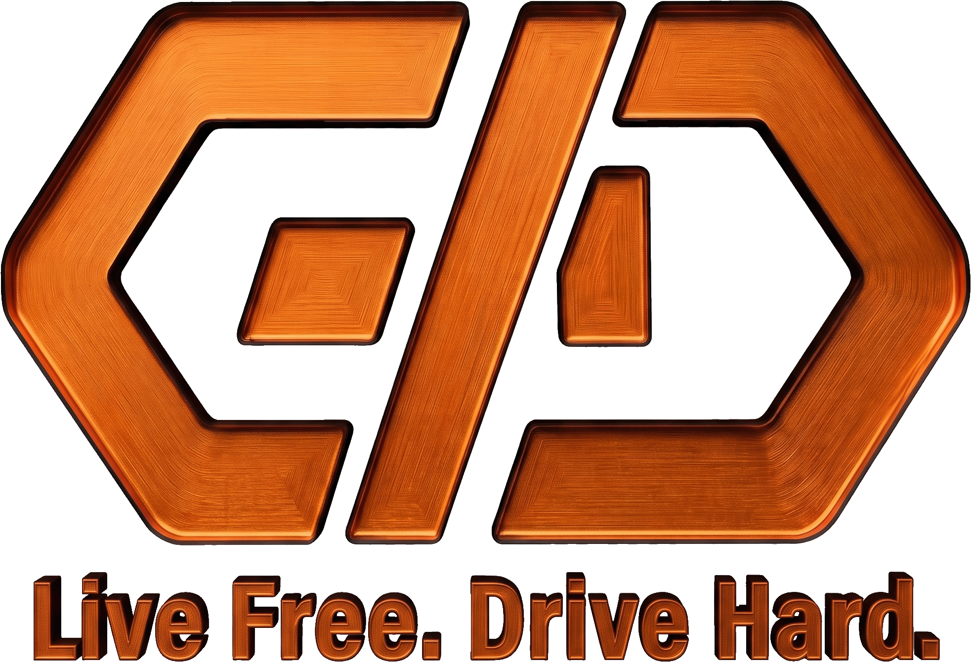 Gasoline and Dopamine G/D logo in orange brushed metal finish with the words Live Free. Drive Hard. below it in the same colored metal.