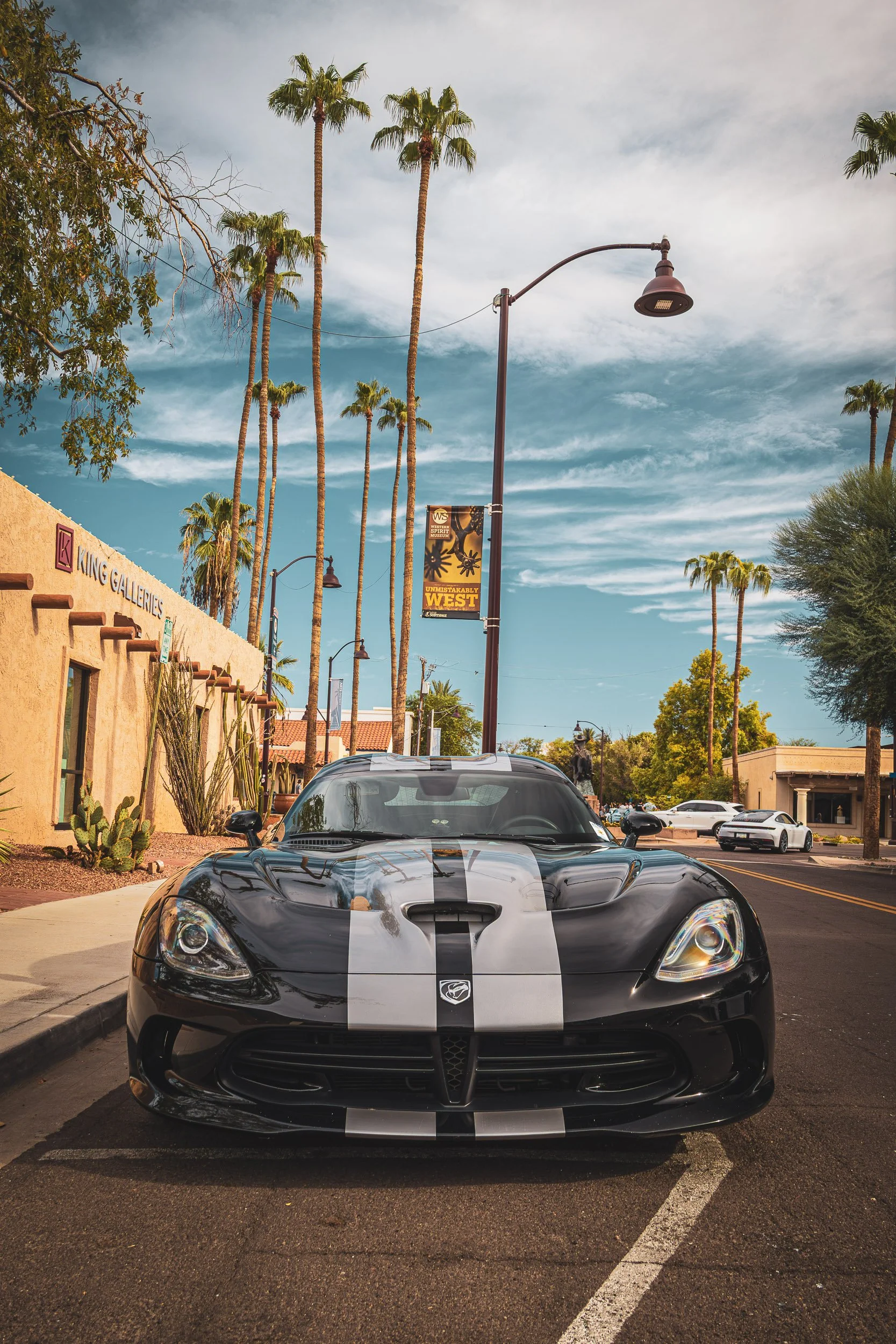 Vertical low-angle front automotive photography highlighting the aggressive crosshair grille, hood scoop, and dual silver racing stripes of a black Dodge Viper, parked on a sunny palm-lined street in front of an adobe gallery in Scottsdale, Arizona, 