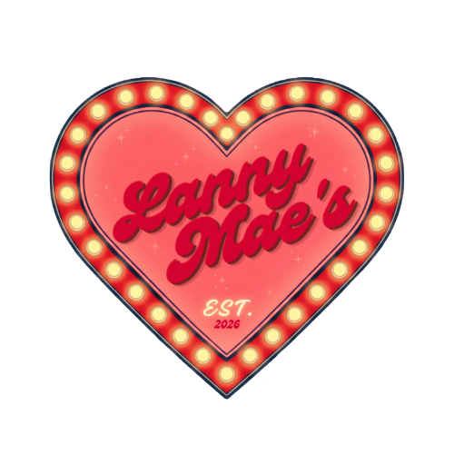 A heart-shaped sign with a pink background and surrounded by yellow lights. The sign says "Larry Mae's" in bold red cursive and "EST. 2026" in smaller yellow text.