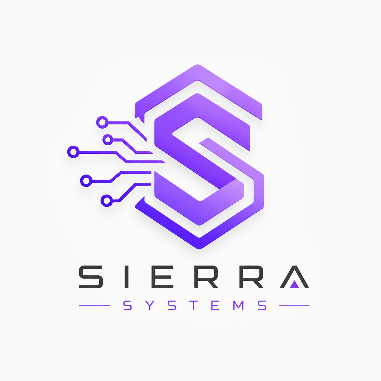 A digital graphic logo for Sierra Systems featuring a stylized, purple geometric S symbol with circuit-like lines on the left and the words Sierra Systems beneath it in black and purple text.
