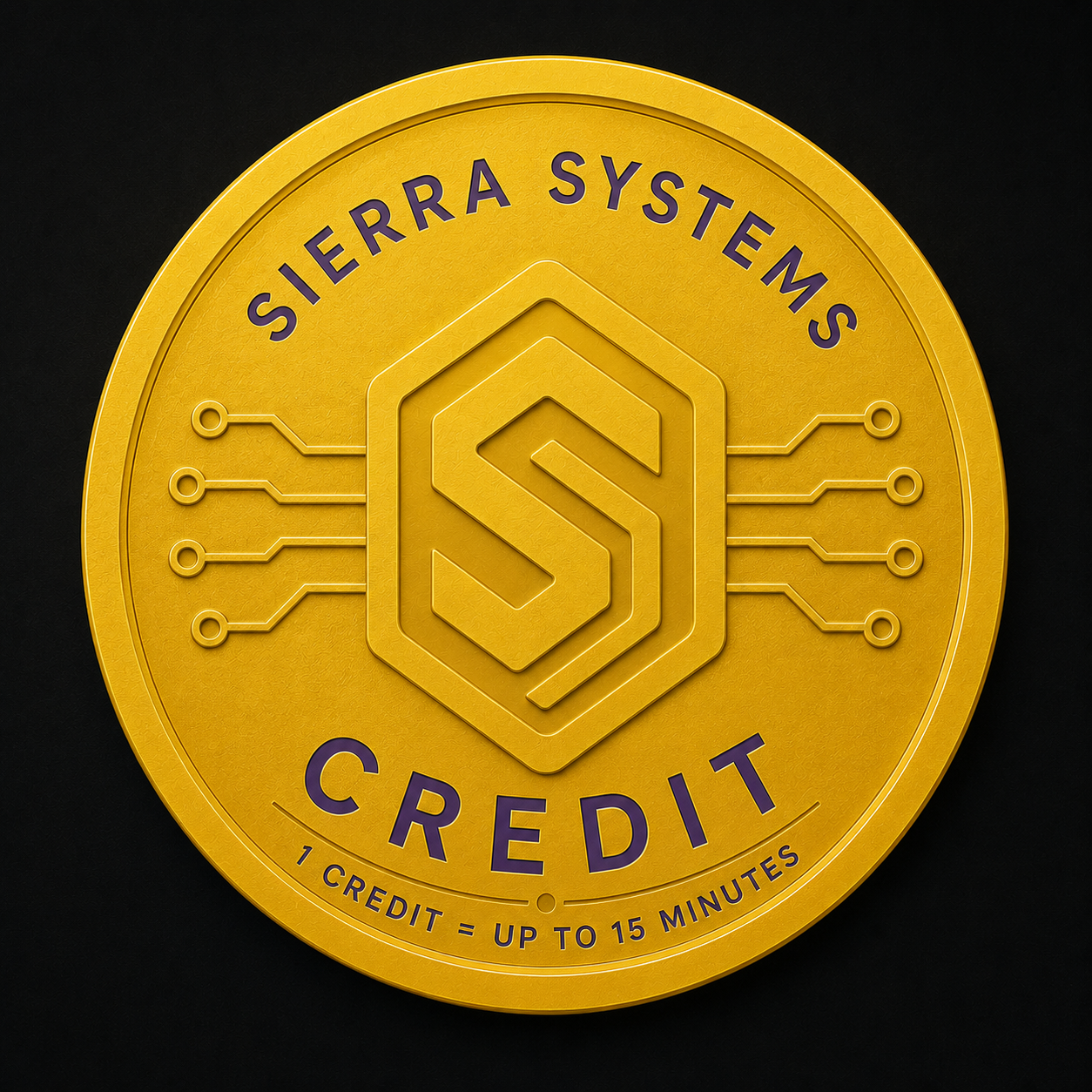 Golden coin with the Sierra Systems logo, circuit lines on each side, and the words 'Sierra Systems Credit' and '1 Credit = Up to 15 Minutes' written on it.